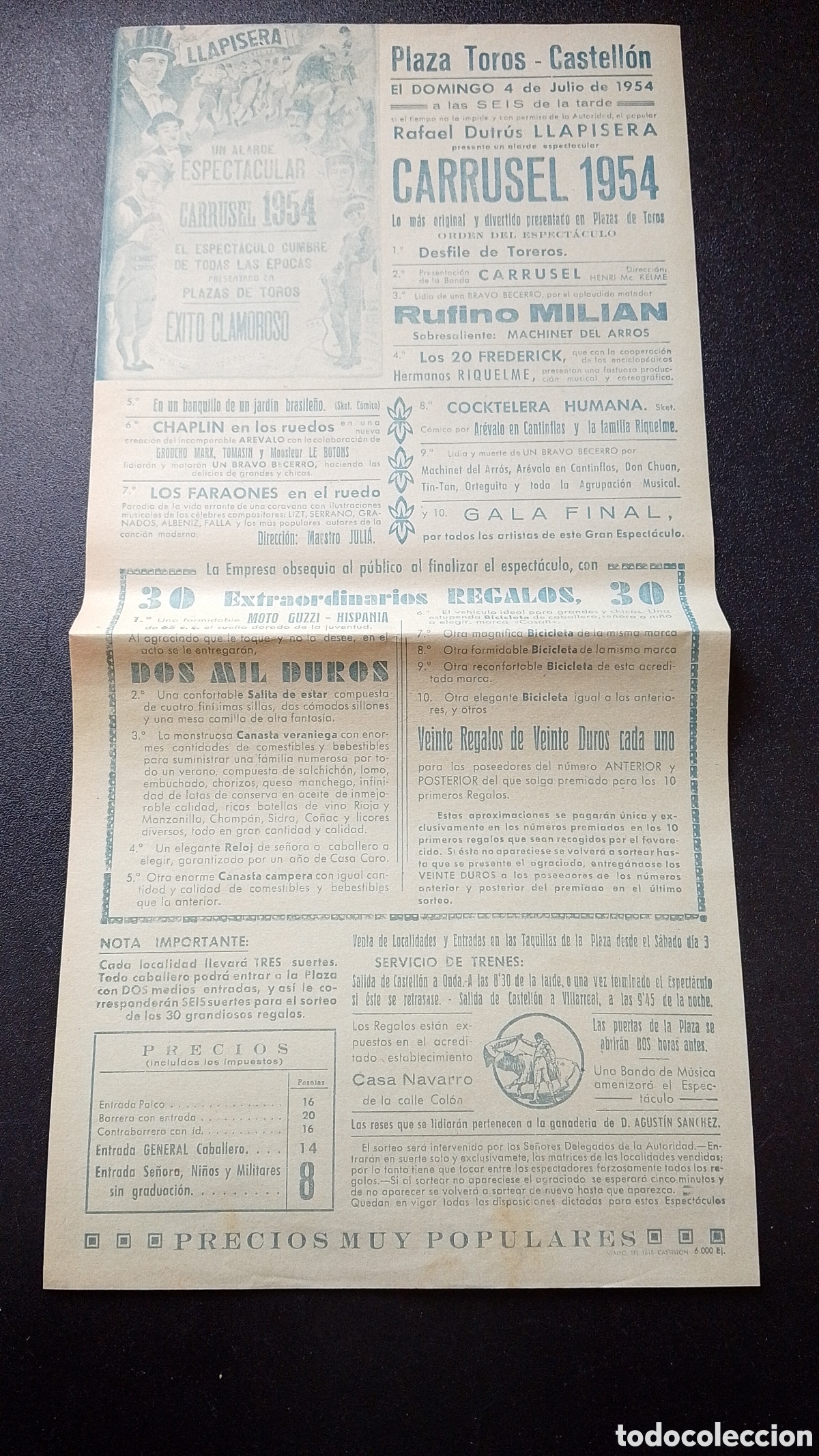 Carteles Toros: CARTEL PLAZA DE TOROS CASTELLON 4 JULIO 1954 CARRUSEL LLAPISERA
