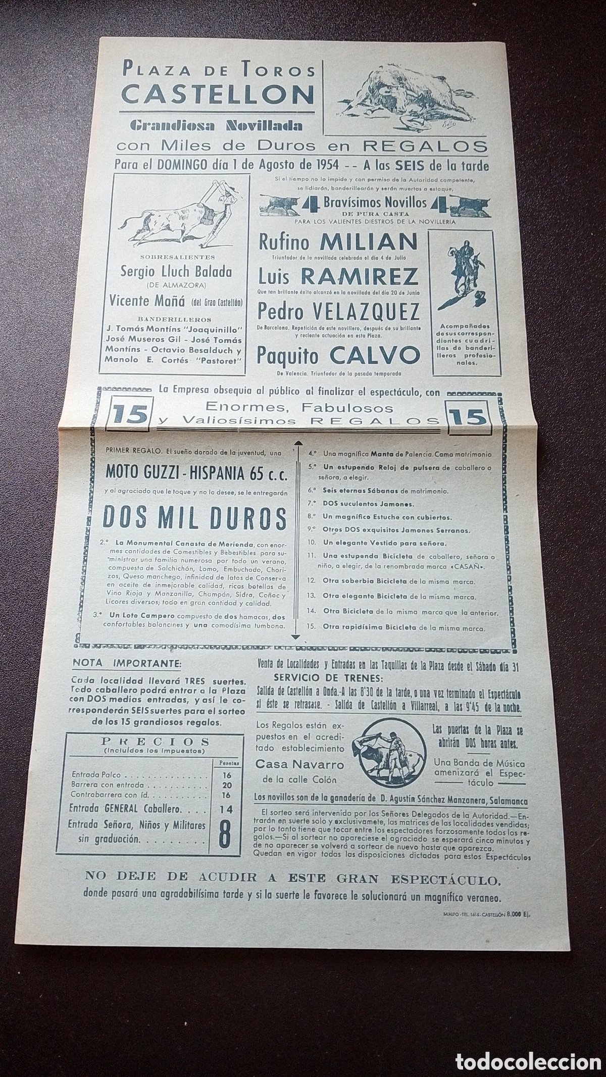 Carteles Toros: CARTEL PLAZA DE TOROS CASTELLON1 AGOSTO 1954 MILIAN RAMIREZ CALVO VELAZQUEZ