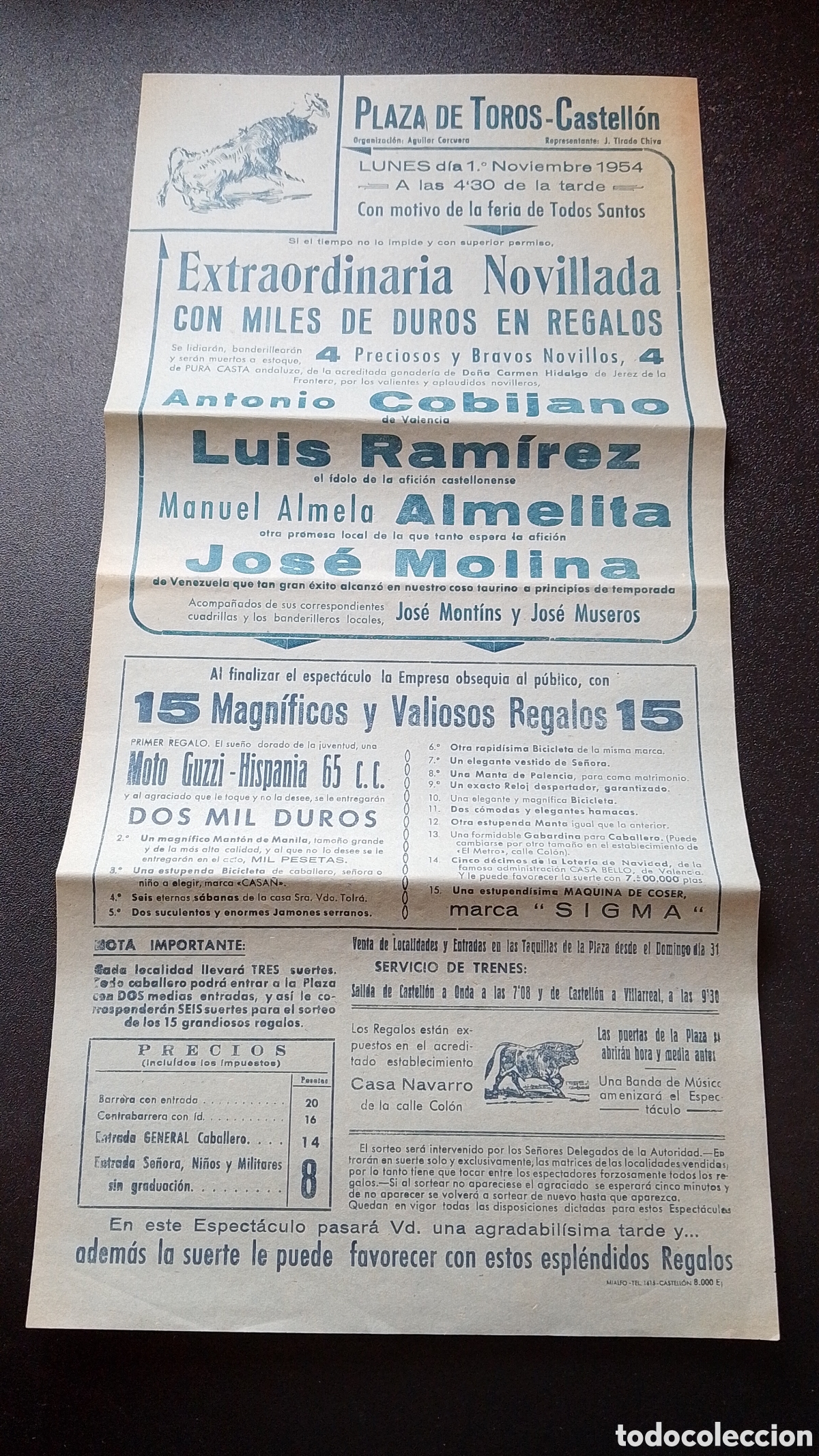 Carteles Toros: CARTEL PLAZA DE TOROS CASTELLON 1 NOVIEMBRE 1954 COBIJANO RAMIREZ ALMELITA MOLINA