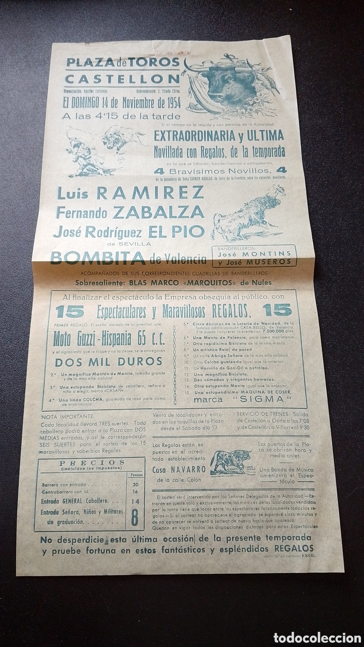Carteles Toros: CARTEL PLAZA DE TOROS CASTELLON 14 NOVIEMBRE 1954 BOMBITA EL PIO ZABALZA RAMIREZ
