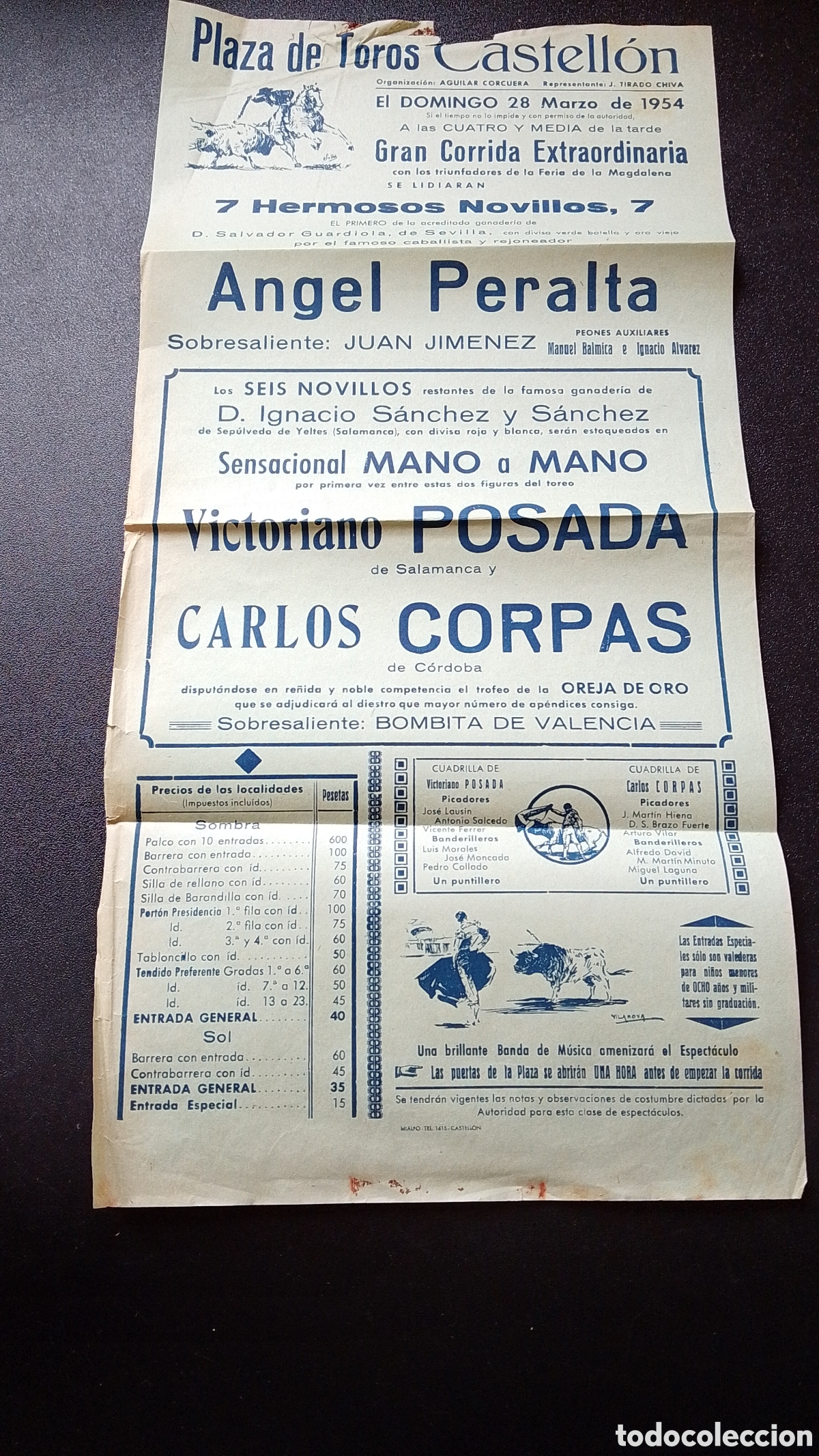 Carteles Toros: CARTEL PLAZA DE TOROS CASTELLON 28 MARZO 1954 ANGEL PERALTA POSADA CORPAS