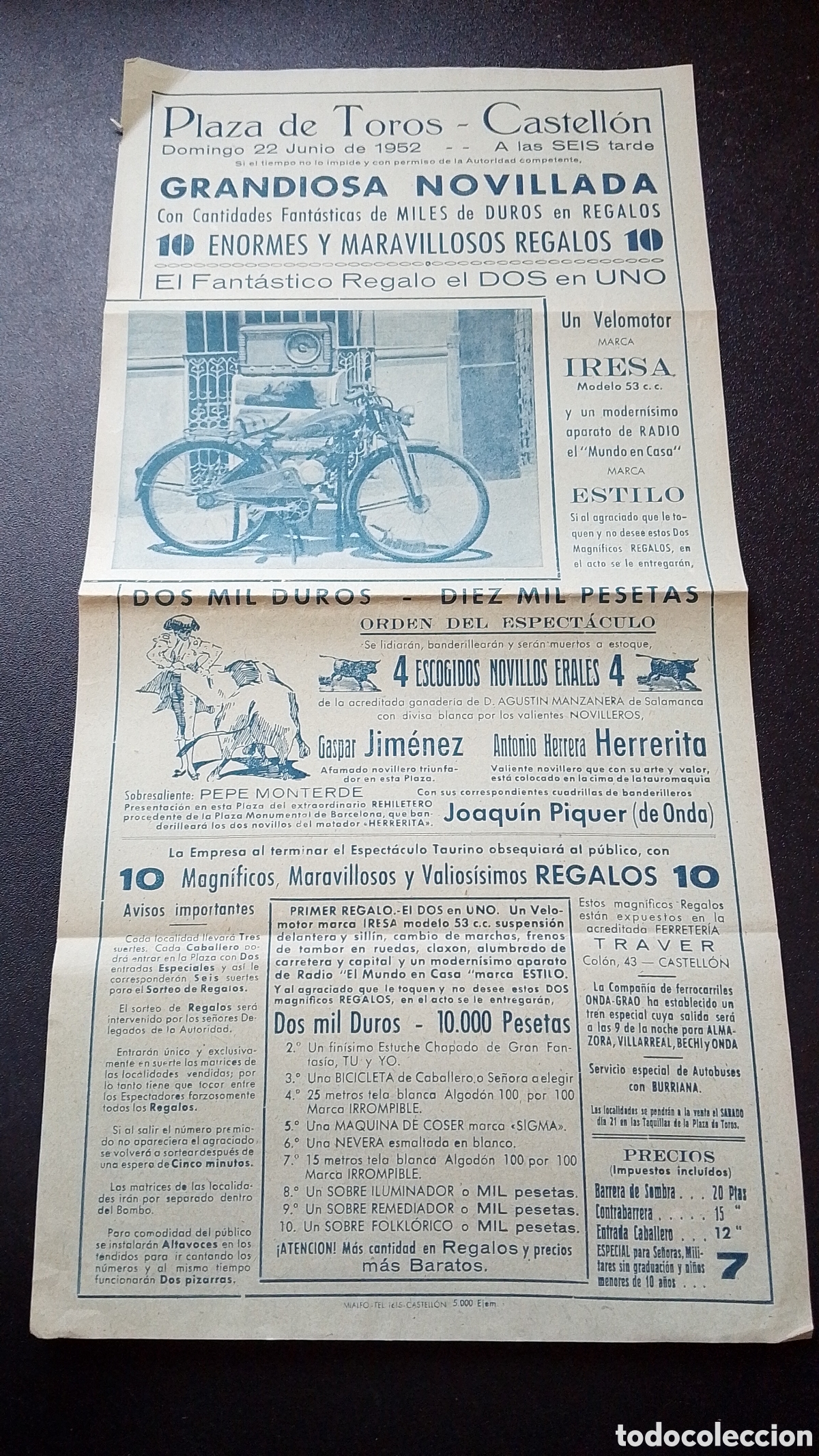 Carteles Toros: CARTEL PLAZA DE TOROS CASTELLON 22 JUNIO 1952 PUBLICIDAD VELOMOTOR IRESA HERRERITA JIMENEZ PIQUER