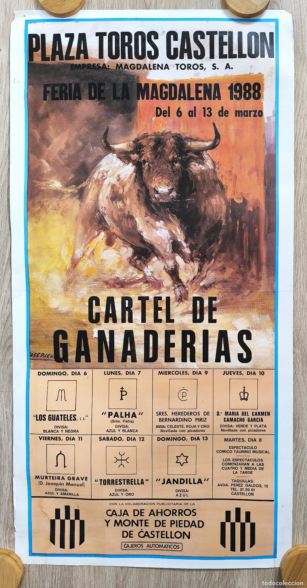 Carteles Toros: RW CARTEL PLAZA TOROS CASTELLON 1988 CARTEL DE GANADERIASLOS GUATELES PALHA JANDILLA CT503