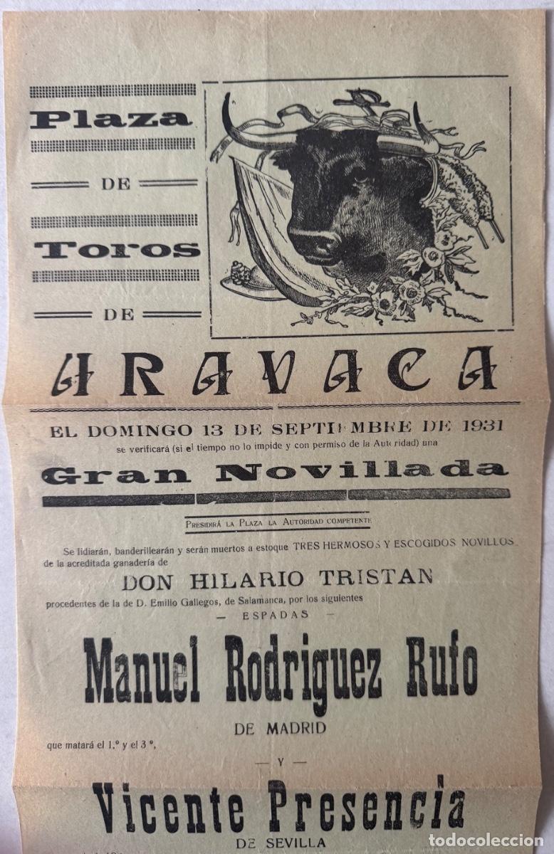 Carteles Toros: CARTEL PLAZA DE TOROS DE ARAVACA - A&Ntilde;O 1931 - ESPADAS MANUEL RODR&Iacute;GUEZ RUFO Y VICENTE PRESENCIA