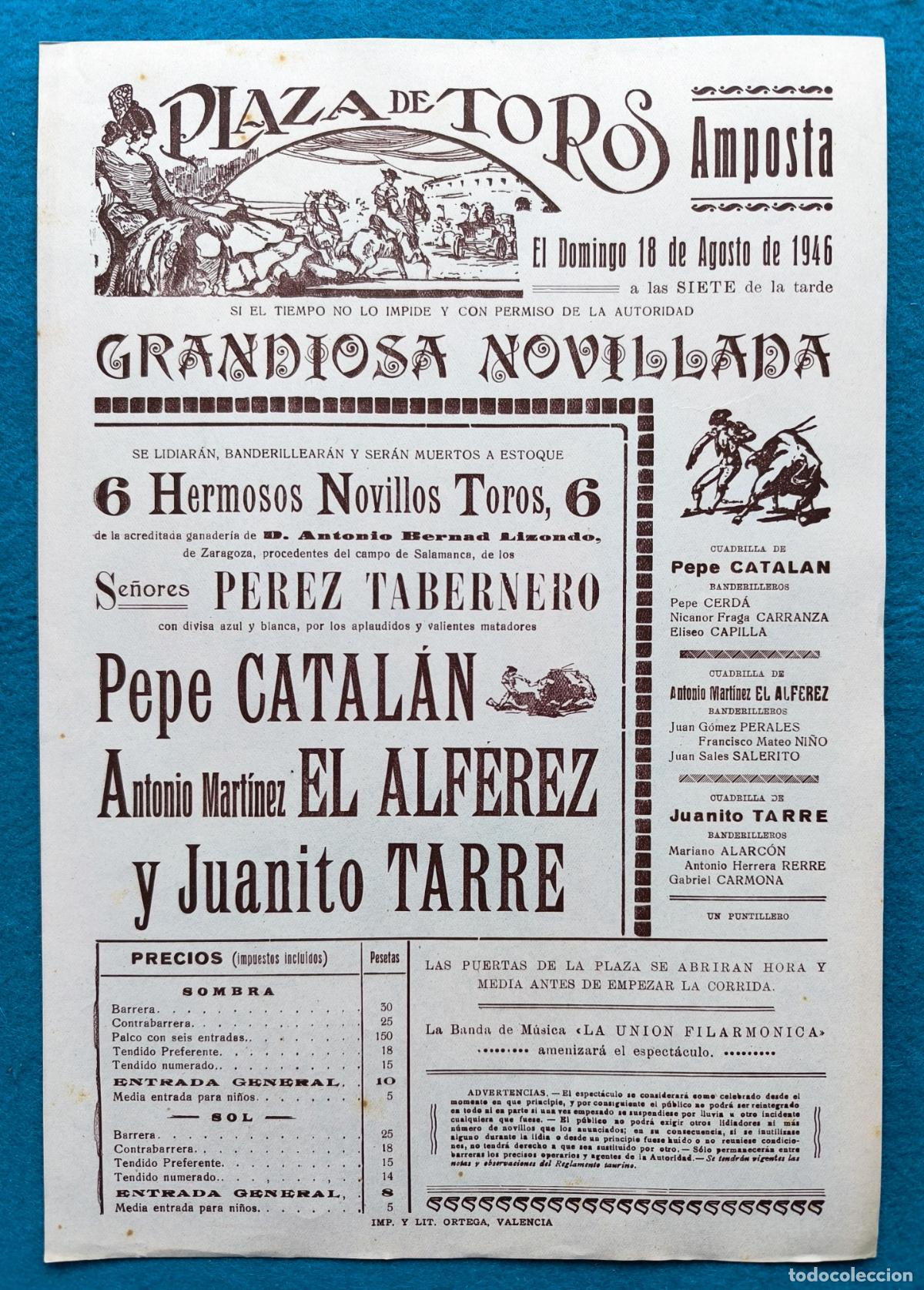 Carteles Toros: RW CARTEL PLAZA TOROS AMPOSTA TARRAGONA 1946 PEPE CATALAN EL ALFEREZ TARRE CTC224