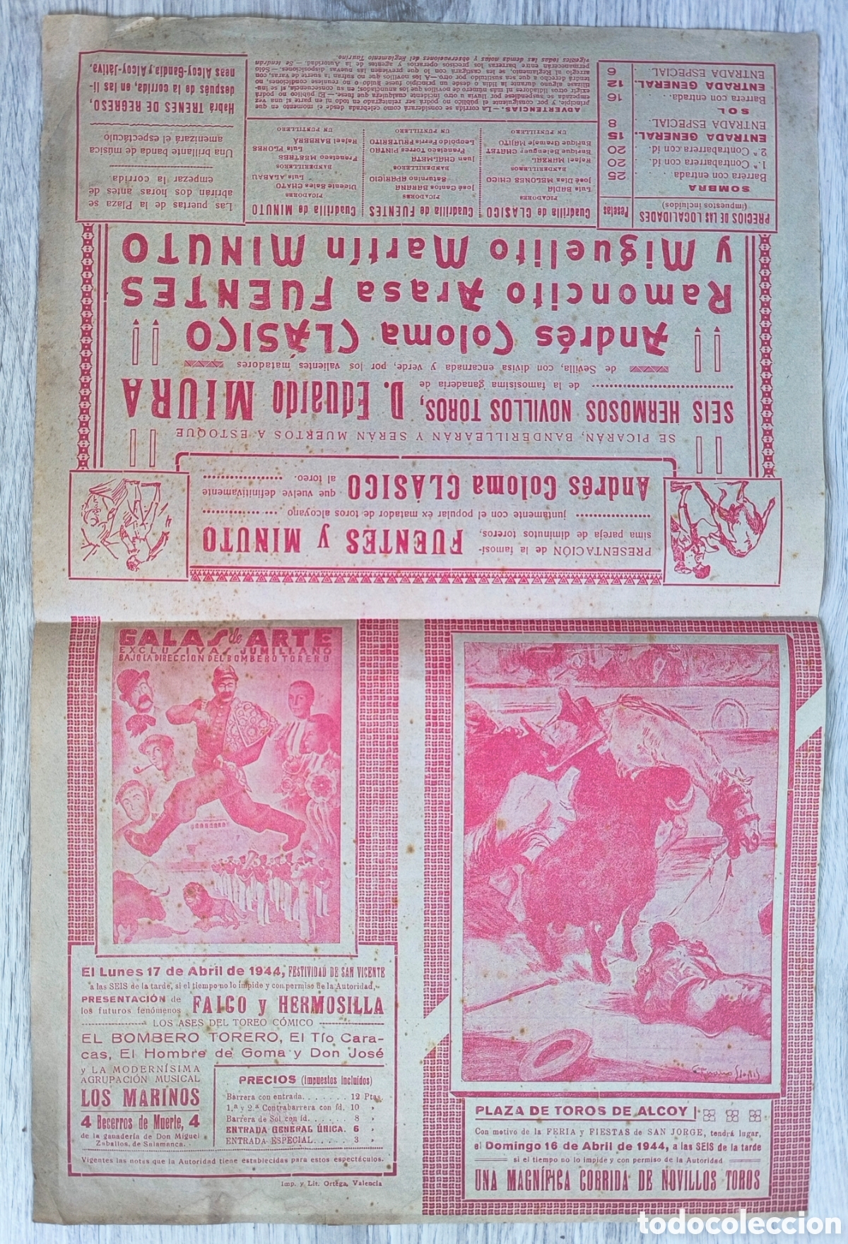 Carteles Toros: RW CARTEL PLAZA TOROS ALCOY ALICANTE 1944 ANDRES COLOMA CLASICO FUENTES MINUTO CTC160