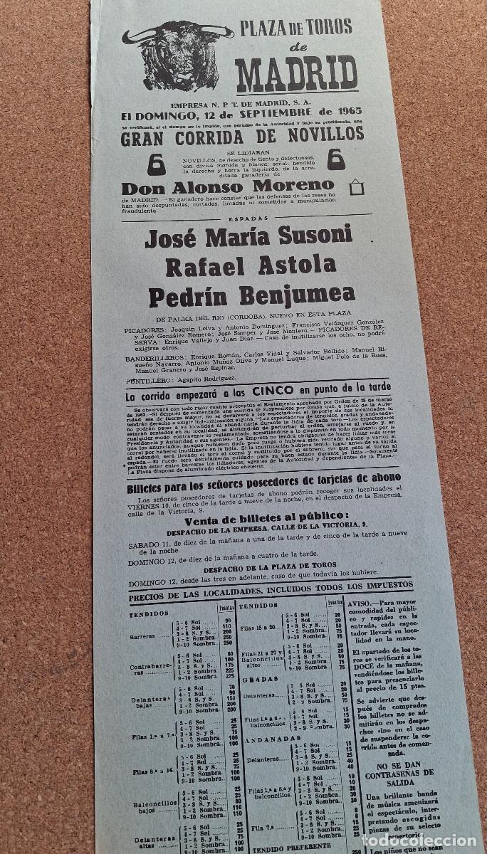 Carteles Toros: Cartel de toros. Madrid. 12 septiembre 1965. Jos&eacute; Mar&iacute;a Susoni, Rafael Astola, Pedr&iacute;n Benjumea
