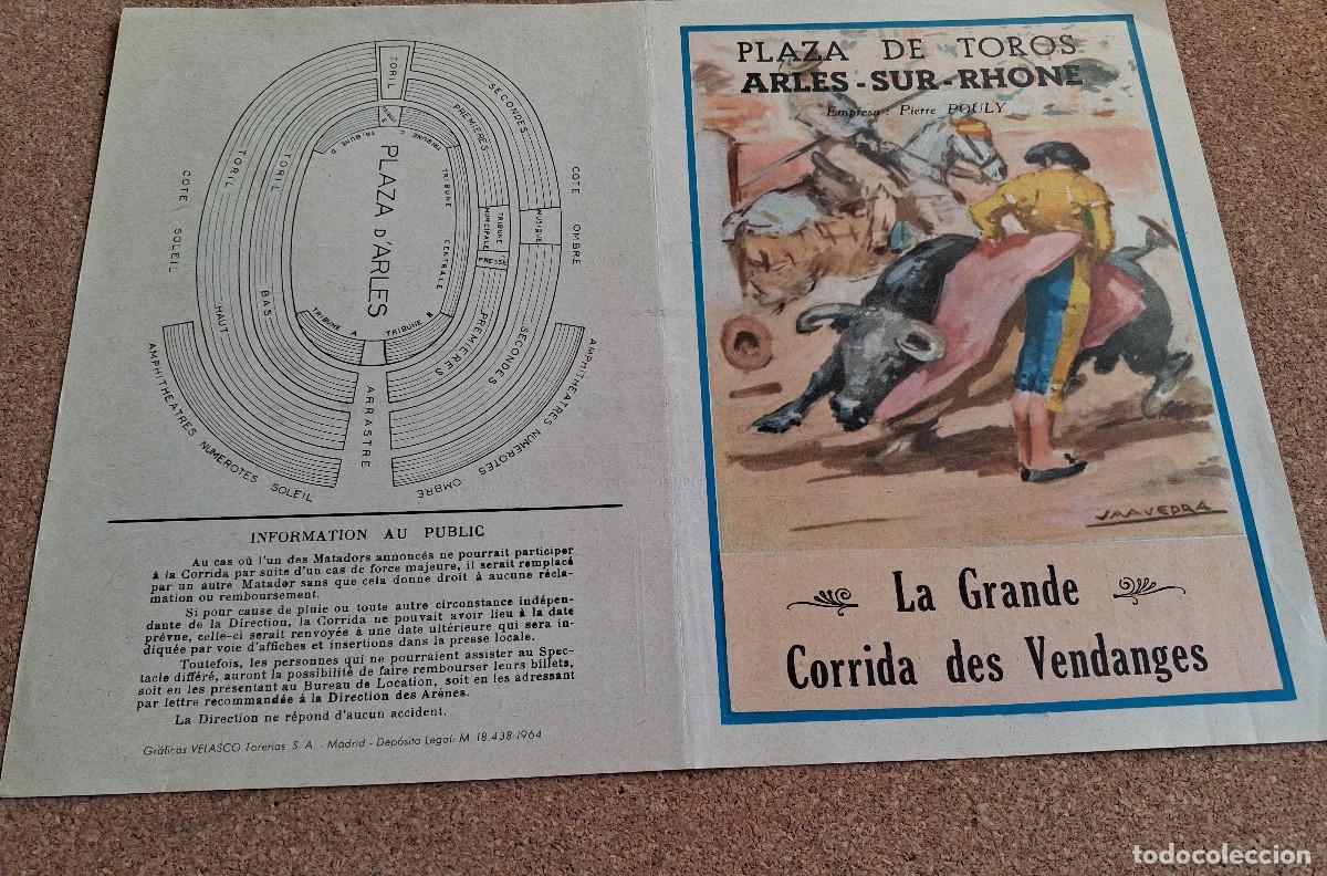 Carteles Toros: Programa de toros. Arl&egrave;s-sur-Rhone. 19 septiembre 1965. Julio Aparicio, Jaime Ostos, Diego Puerta.