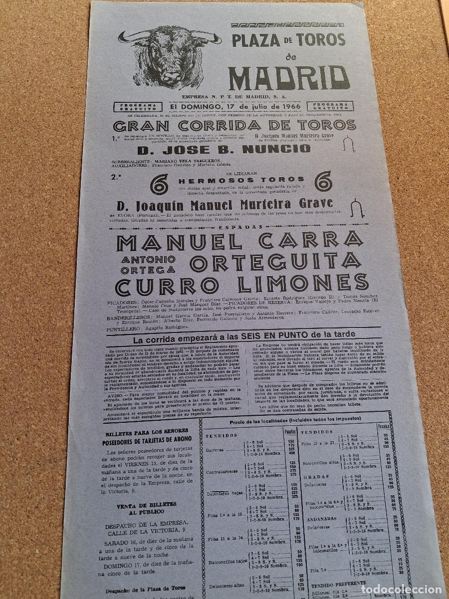 Carteles Toros: Cartel de toros. Madrid. 17 julio 1966. Manuel Carra, Antonio Ortega Orteguita, Curro Limones.