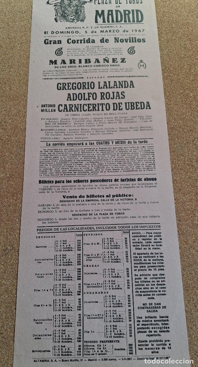 Carteles Toros: Cartel de toros. Madrid. 5 marzo 1967. Gregorio Lalanda, Adolfo Rojas, Carnicerito de &Uacute;beda.