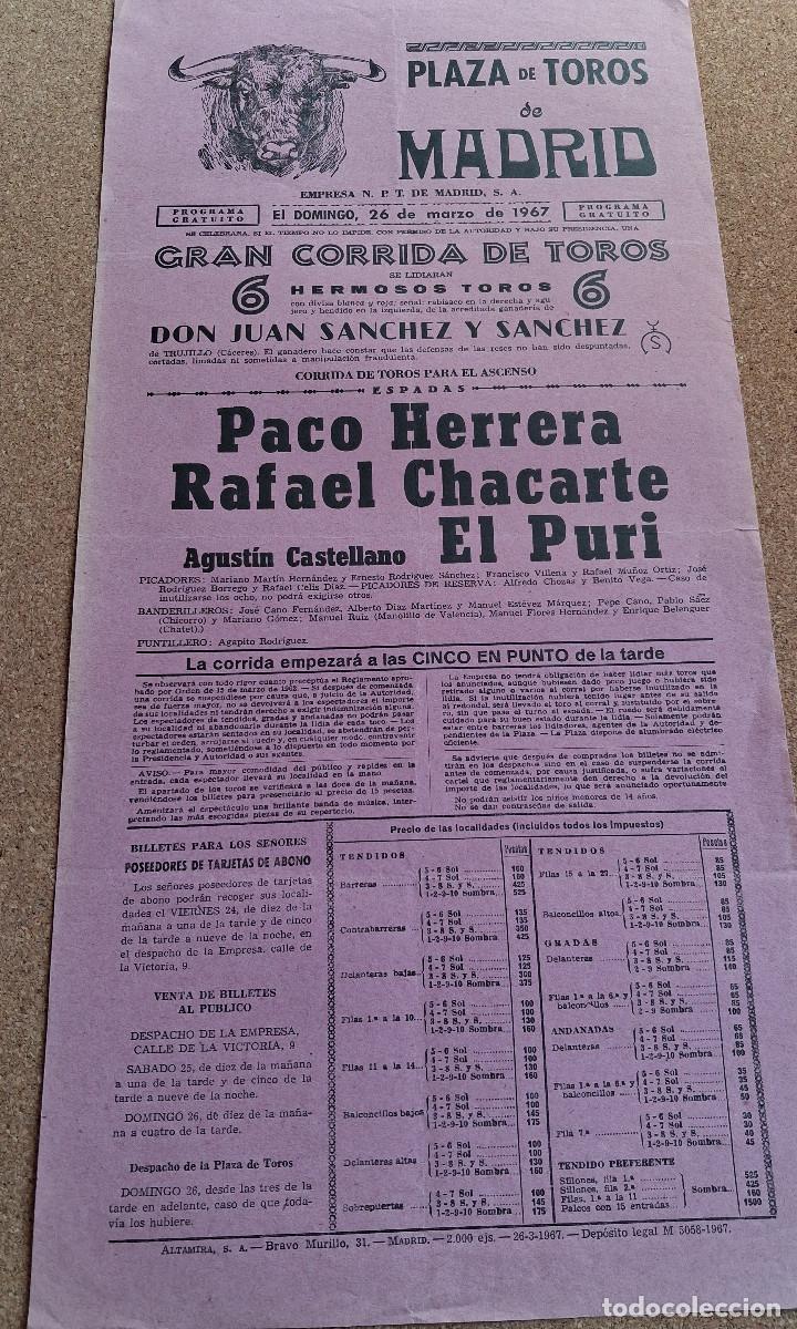 Carteles Toros: Cartel de toros. Madrid. 26 marzo 1967. Paco Herrera, Rafael Chacarte y Agust&iacute;n Castellano El Puri.