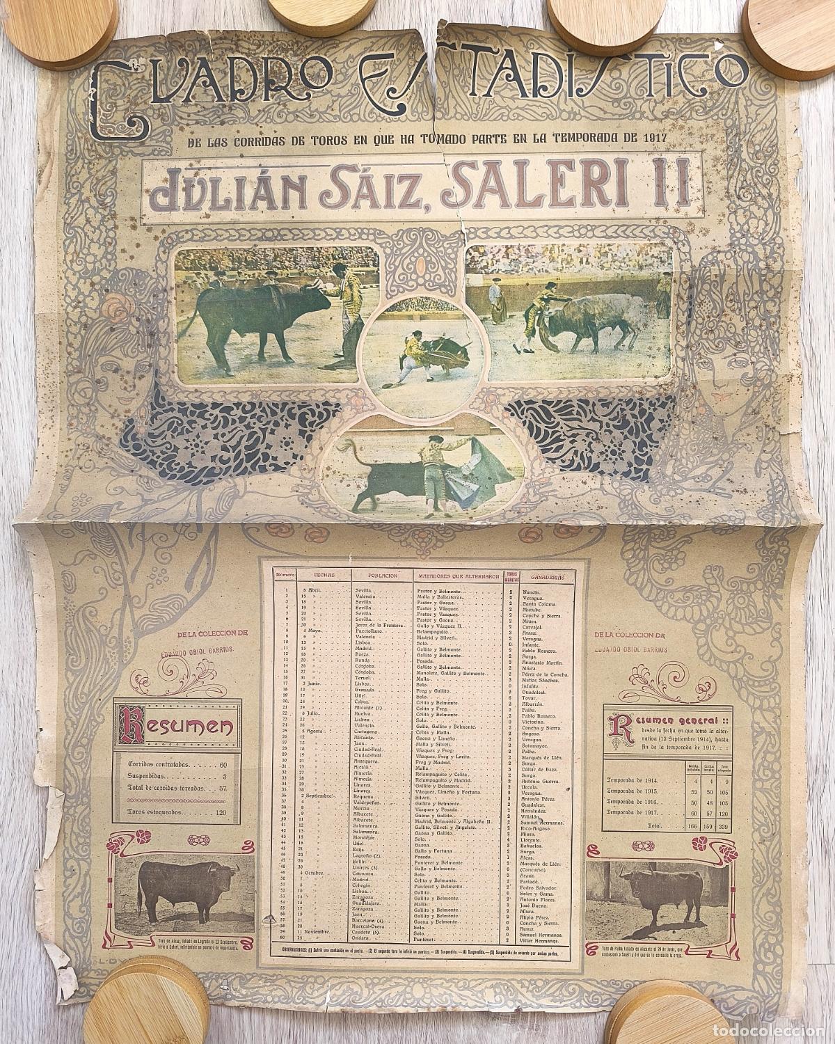 Cartazes Touros: RW CARTEL TOROS CUADRO ESTADISTICO CORRIDAS DE TOROS 1917 JULIAN SAIZ SALERI II CT537