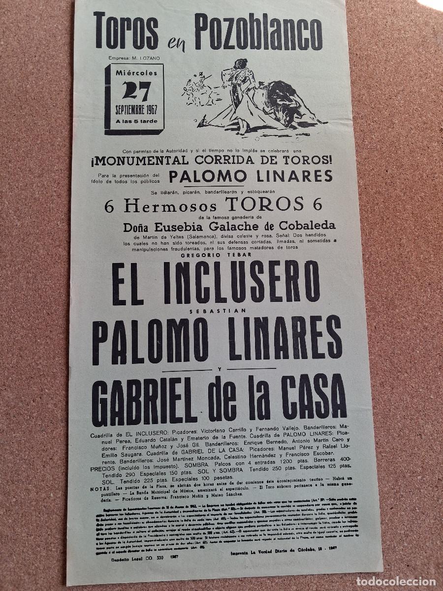 Carteles Toros: Cartel de toros. Pozoblanco. 27 septiembre 1967. El Inclusero, Palomo Linares, Gabriel de la Casa.
