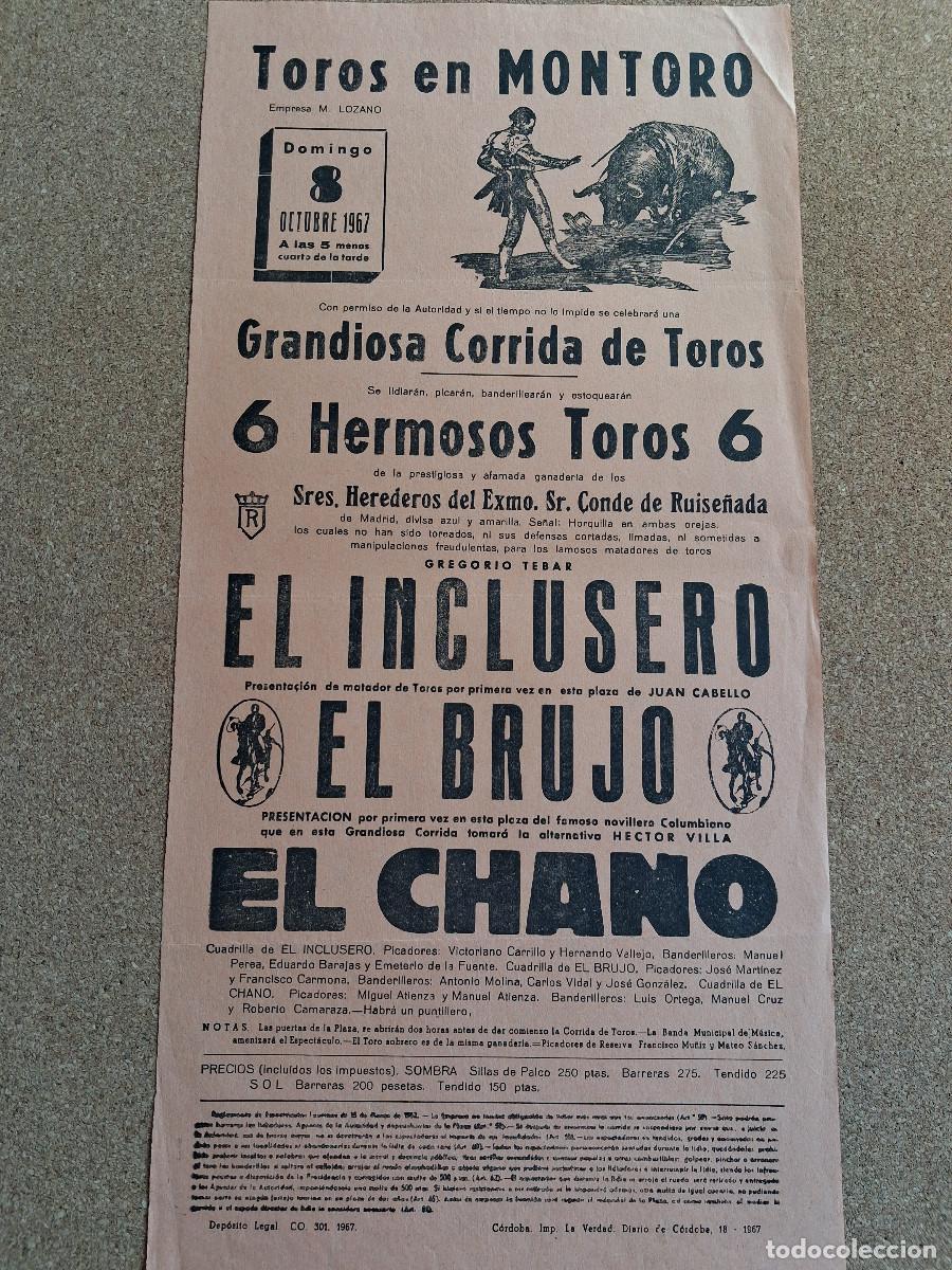 Carteles Toros: Cartel de toros. Montoro. 8 octubre 1967. Corrida de toros. El Inclusero, El Brujo, El Chano.