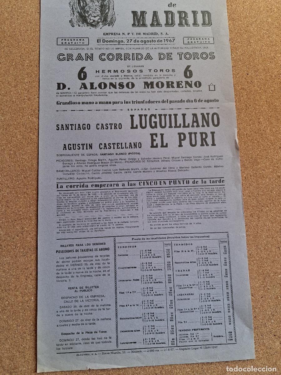 Carteles Toros: Cartel de toros. Madrid. 27 agosto 1967. Santiago Castro Luguillano y Agust&iacute;n Castellano El Puri.