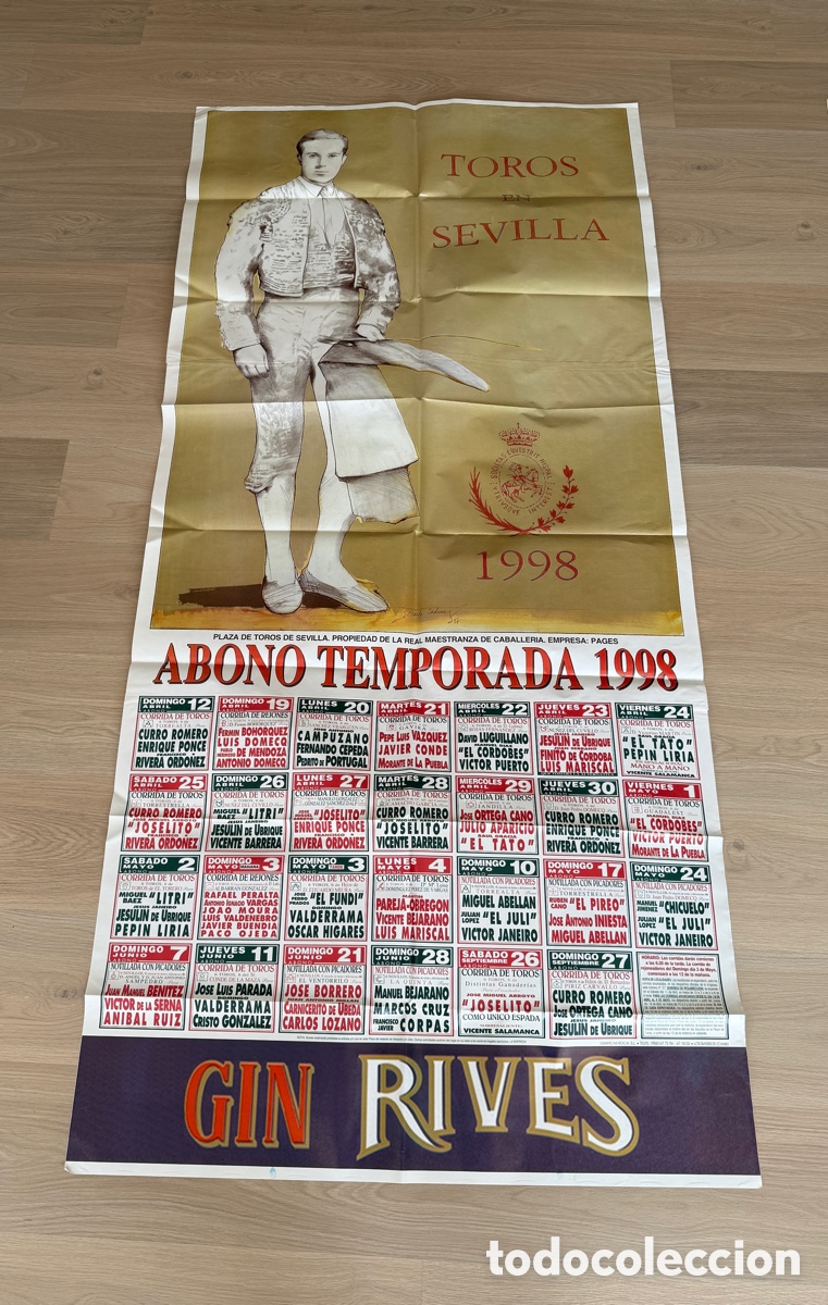 Bull Posters: Cartel original Toros en Sevilla 1998 &ndash; Abono Real Maestranza &ndash; Gin Rives
