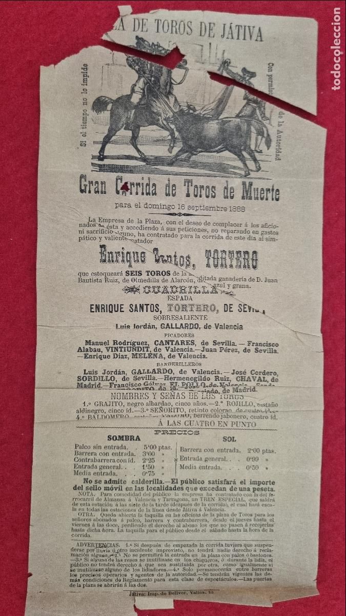 Carteles Toros: CARTEL DE TOROS JATIVA 1888 SIGLO XIX TORTERO Y ENRIQUE CANTOS ORIGINAL T5