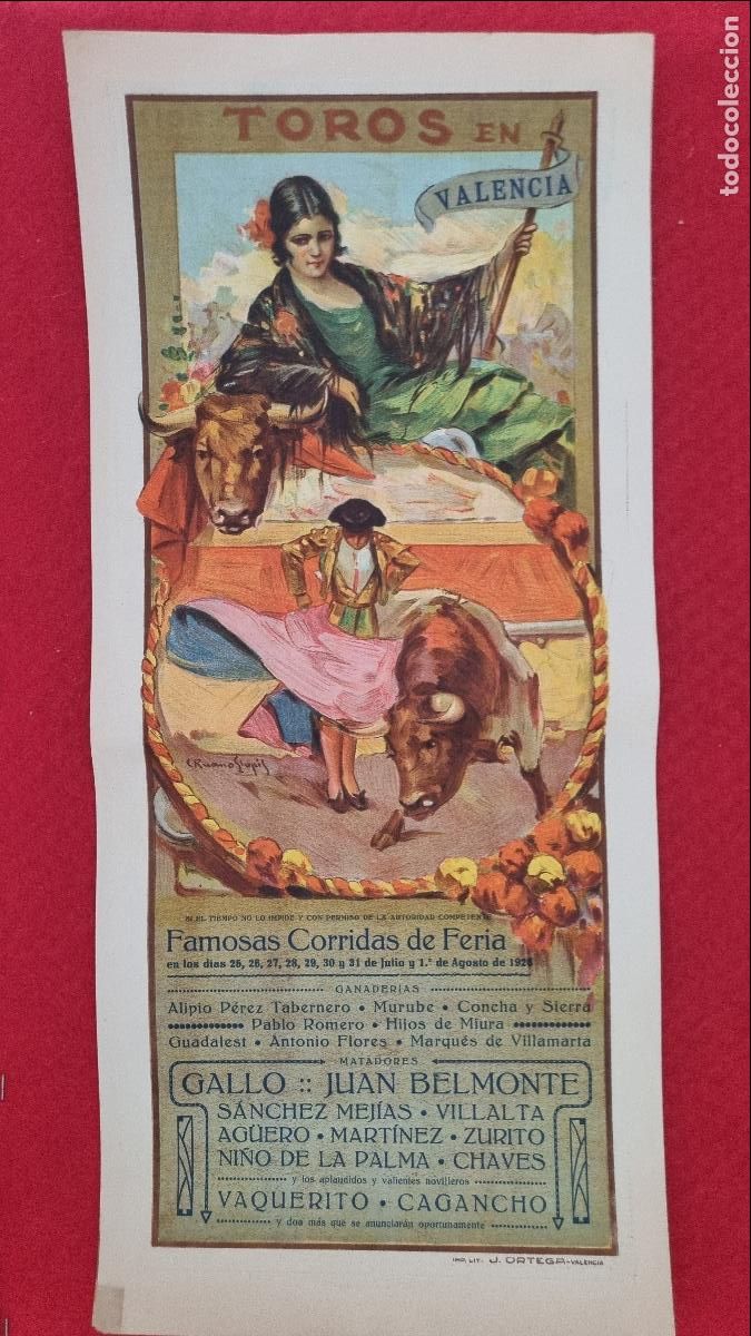 Carteles Toros: CARTEL TOROS VALENCIA FERIA 1926 GALLO BELMONTE SANCHEZ MEJIAS VILLALTA RUANO LLOPIS ORIGINAL T5