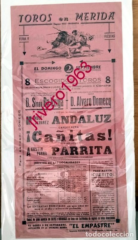 Carteles Toros: MERIDA, 1945, CARTEL CORRIDA DE TOROS, EL ANDALUZ, CA&Ntilde;ITAS Y PARRITA, 21X43 CMS