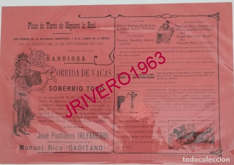Carteles Toros: HIGUERA LA REAL, 1907, CARTEL CORRIDA DE TOROS, ALFARERO Y GADITANO,M 32X22 CMS