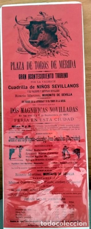 Carteles Toros: MERIDA, 1907, CARTEL CORRIDA DE TOROS, PEPETE CHICO Y CURRICHE, 16X41 CMS