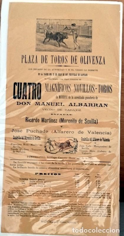Carteles Toros: OLIVENZA, 1907, CARTEL CORRIDA DE TOROS, MORENITO DE SEVILLA Y ALFARERO DE VALENCIA, 21X41 CMS
