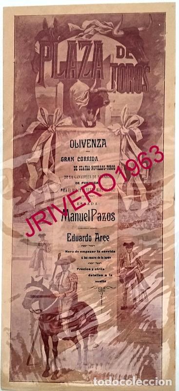 Carteles Toros: OLIVENZA, 1902, CARTEL CORRIDA DE TOROS, MANUEL PAZOS, 17X27 CMS