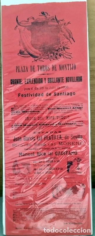 Carteles Toros: MONTIJO, 1906, CARTEL CORRIDA DE TOROS, PLATILLA Y GADITANO, 16X42 CMS