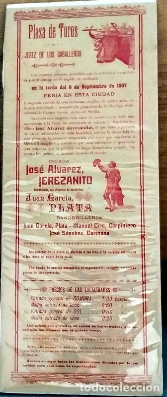 Carteles Toros: JEREZ DE LOS CABALLEROS, 1907, CARTEL CORRIDA DE TOROS, JEREZANITO Y PLATA, 16X41 CMS