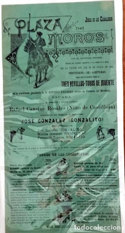 Carteles Toros: JEREZ DE LOS CABALLEROS, 1907, CARTEL TOROS, RAFAEL CANSINO ROSALES, NI&Ntilde;O DE CASTILLEJA, 21X42 CMS