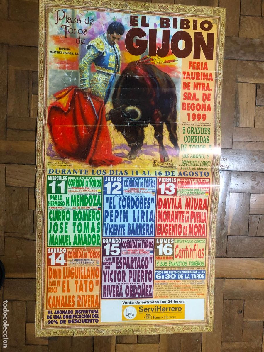 Carteles Toros: Cartel de Pared Toros Gij&oacute;n 1999 - Feria de Bego&ntilde;a El Bibio - Formato Escaparate / Bar (89x18 cm)