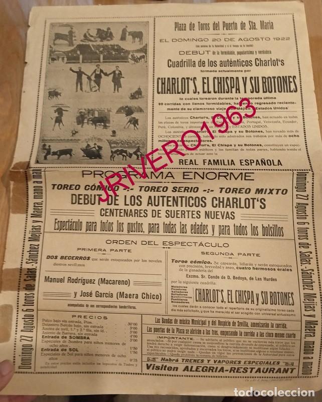 Carteles Toros: EL PUERTO DE SANTA MARIA, 1922, CARTEL ESPECTACULO COMICO TAURINO, 32X42 CMS