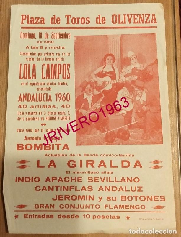 Carteles Toros: OLIVENZA, 1960, CARTEL ESPECTACULO COMICO TAURINO, LOLA CAMPOS, 15X22 CMS
