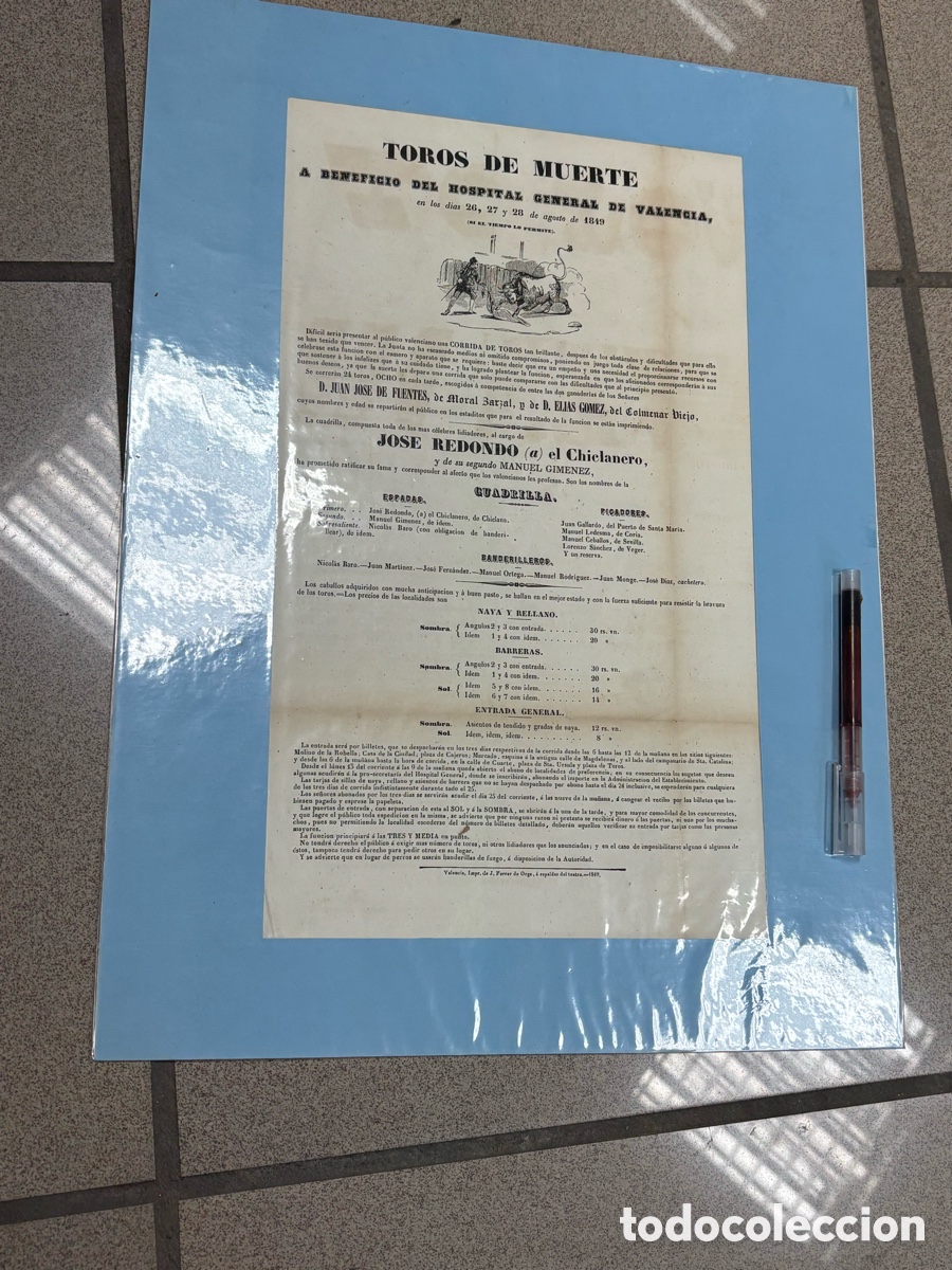 Plakate Stiere: CARTEL DE TOROS VALENCIA 1849. TOROS DE MUERTE BENEFICIO HOSPITAL GENERAL. 42X25 CM APR&Oacute;X.