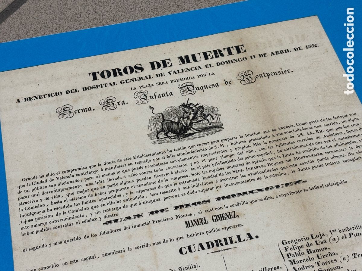 Carteles Toros: CARTEL DE TOROS VALENCIA 1852. TOROS DE MUERTE BENEFICIO HOSPITAL GENERAL. 44X27 CM APR&Oacute;X.