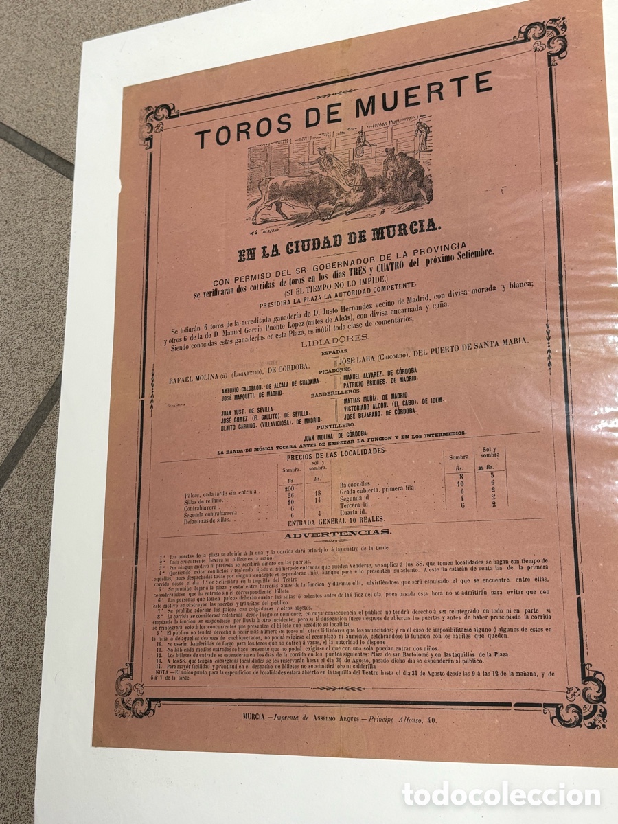 Plakate Stiere: CARTEL DE TOROS MURCIA S.XIX. TOROS DE MUERTE LAGARTIJO Y CHICORRO. 41X29 CM APR&Oacute;X.