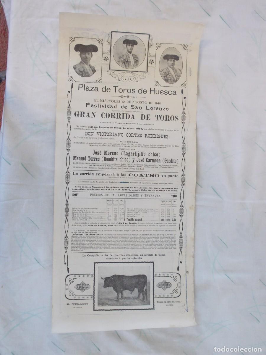 Carteles Toros: CARTEL DE TOROS. PLAZA DE HUESCA.SAN LORENZO 1910 LAGARTIJILLO GORDITO BOMBITA