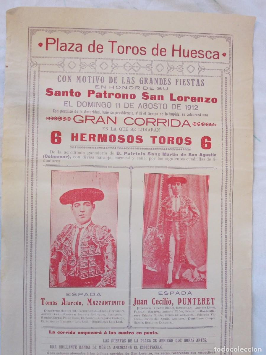 Carteles Toros: CARTEL DE TOROS. PLAZA DE HUESCA.SAN LORENZO 1912 MAZZANTINITO Y PUNTERET