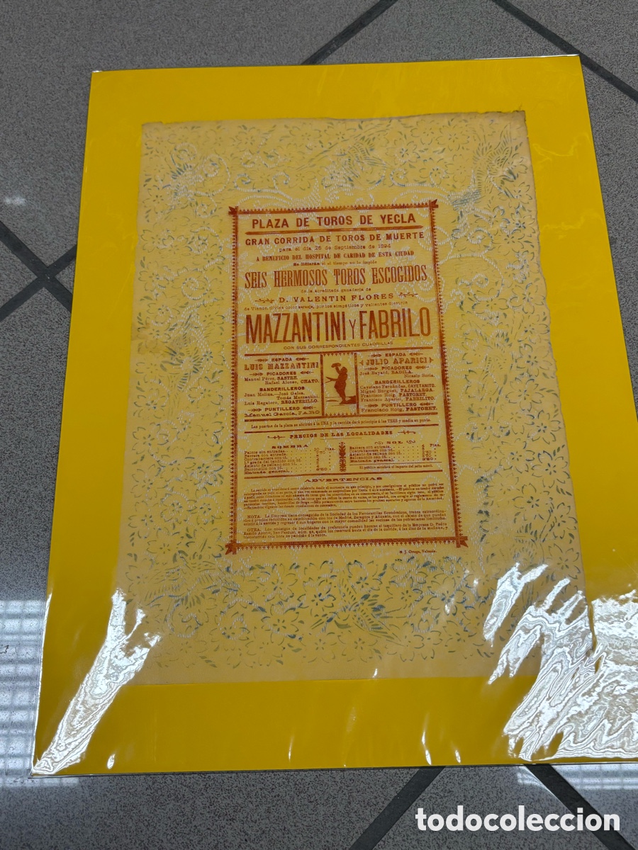 Affiches Tauromachie: CARTEL DE TOROS YECLA. BENEFICIO HOSPITAL CARIDAD 1894.J. ORTEGA. PAPEL SEDA 40X28 CM APR&Oacute;X.
