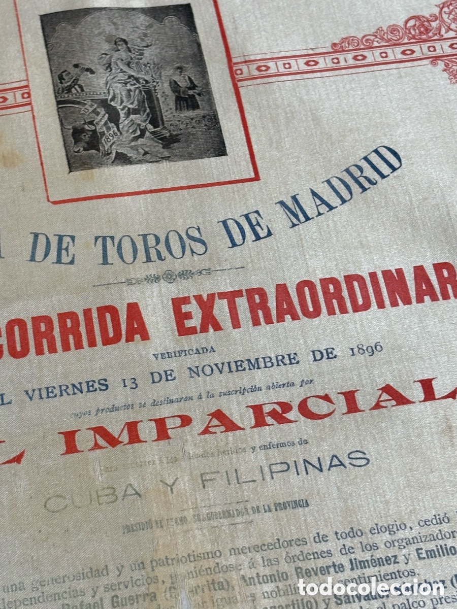 Bull Posters: CARTEL DE TOROS SEDA 1896. SOCORRO SOLDADOS CUBA Y FILIPINAS. GUERRITA Y BOMBITA. 49X30 CM APR&Oacute;X.