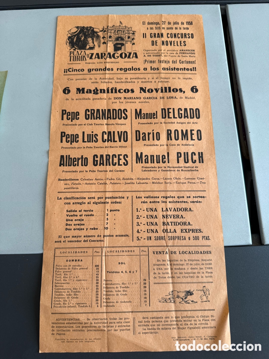 Carteles Toros: Cartel PLAZA DE TOROS DE ZARAGOZA. 1958