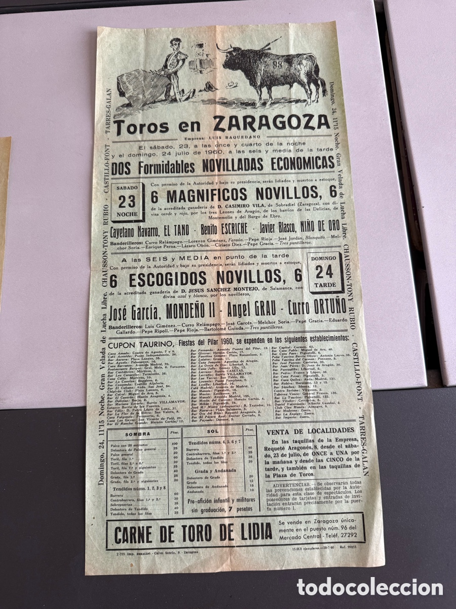 Carteles Toros: Cartel. PLAZA DE TOROS DE ZARAGOZA. 1960