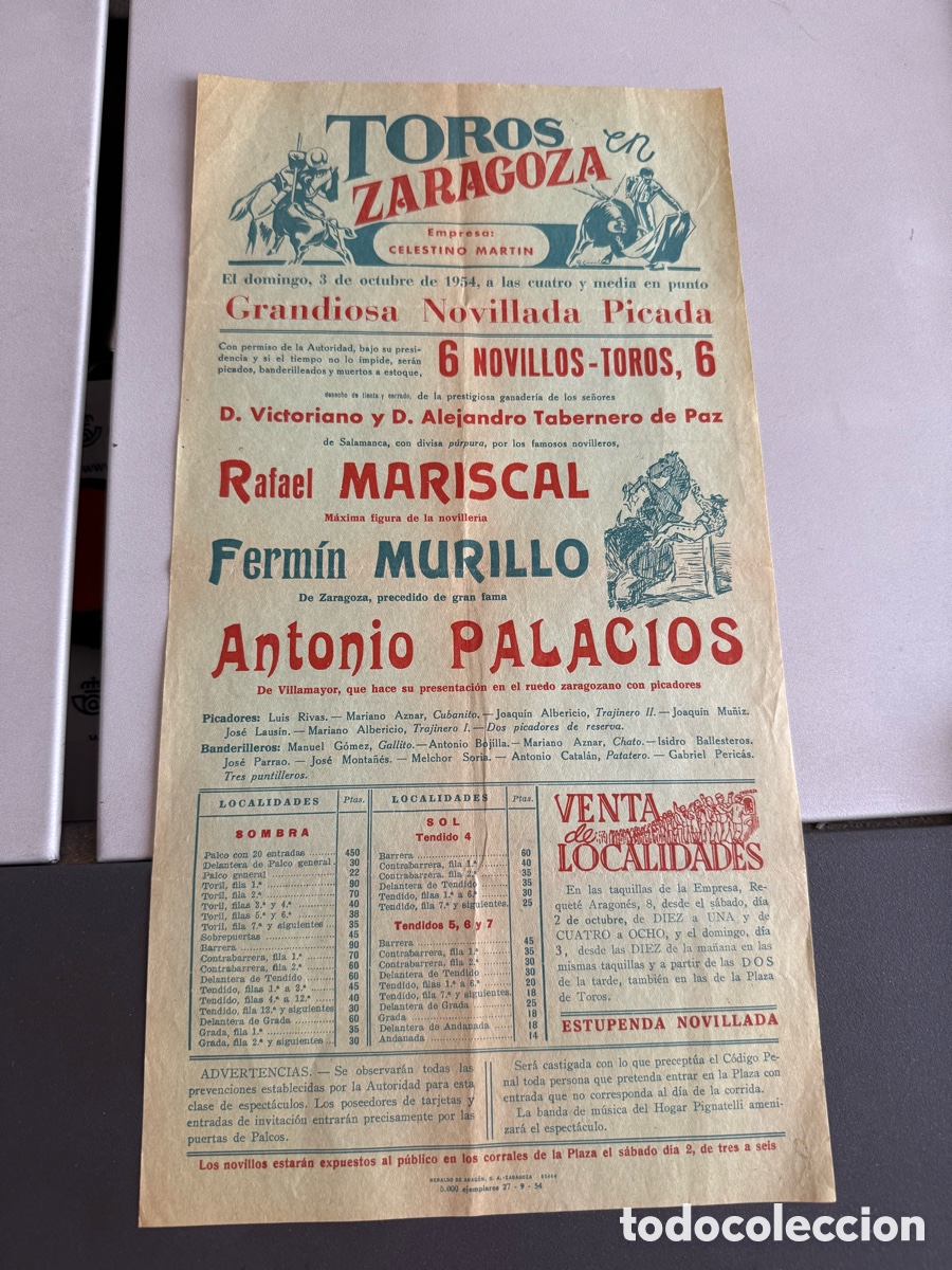 Carteles Toros: Cartel. TOROS EN ZARAGOZA. Novillada Picada. 1954