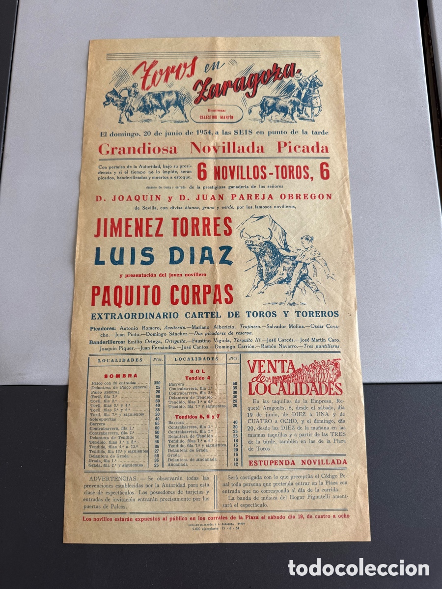Carteles Toros: Cartel. TOROS EN ZARAGOZA. Grandiosa Novillada picada