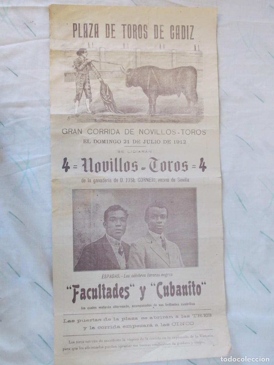 Carteles Toros: RARO Y ANTIGUO CARTEL TOROS PLAZA CADIZ 1912 JUAN FERNANDEZ EL GATO DE CADIZ CUBANITO Y FACULTADES