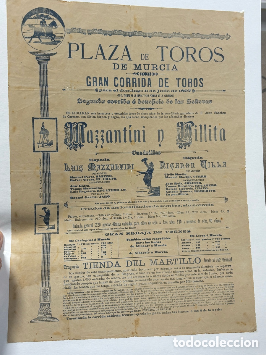 Cartazes Touros: CARTEL DE TOROS MURCIA 1897. TOROS A BENEFICIO DE LAS SE&Ntilde;ORAS. 44X32 CM APR&Oacute;X.