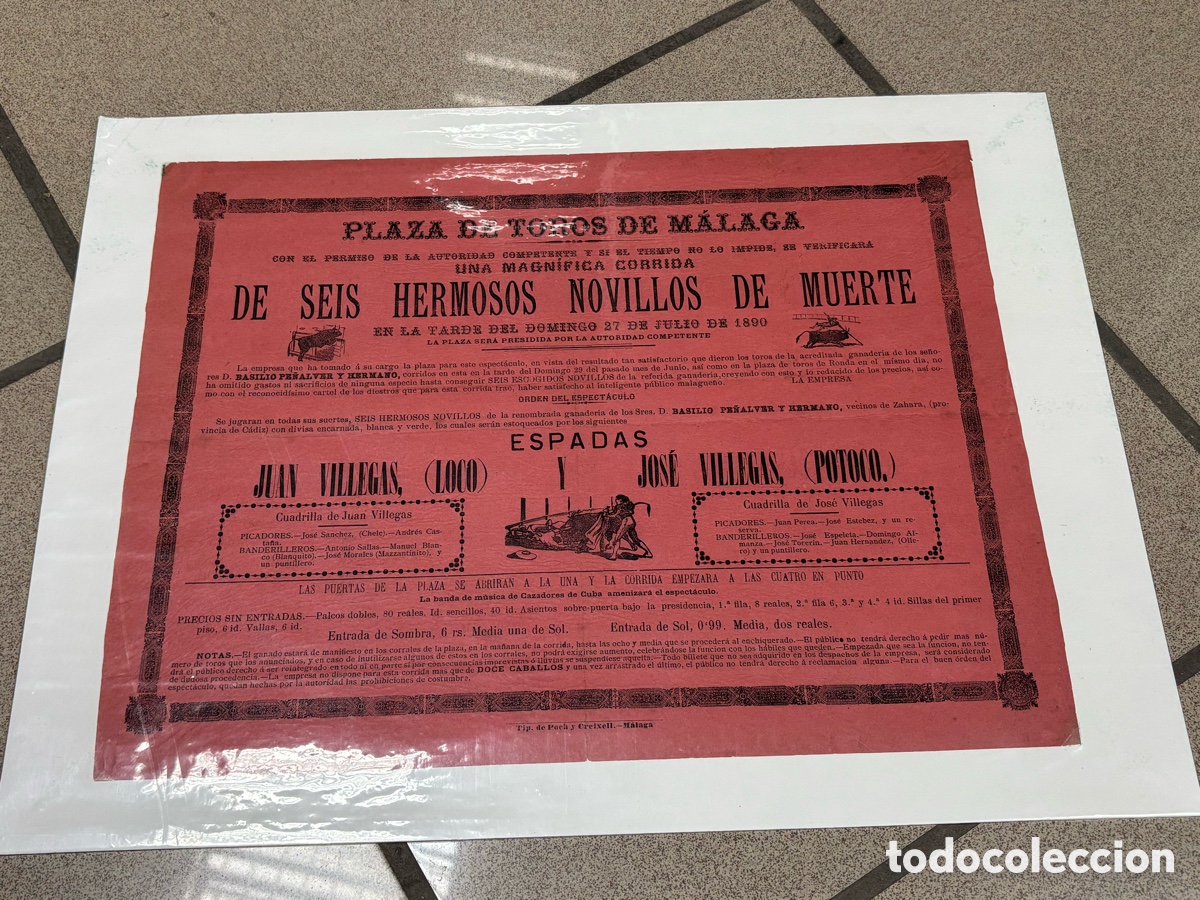 Cartazes Touros: CARTEL DE TOROS M&Aacute;LAGA 1890. NOVILLOS DE MUERTE. 31X42 CM APR&Oacute;X.