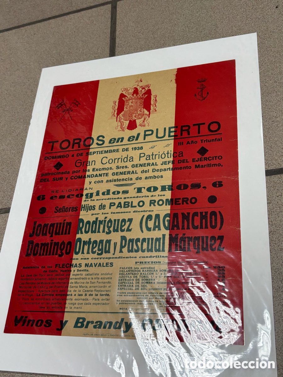 Carteles Toros: CARTEL DE TOROS PUERTO SANTA MAR&Iacute;A 1938, CORRIDA PATRI&Oacute;TICA 41X31 CM APR&Oacute;X.