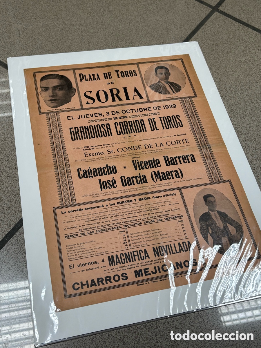 Cartazes Touros: CARTEL DE TOROS SORIA 1929, GRNDIOSA CORRIDA SAN SATURIO 43X32 CM APR&Oacute;X.