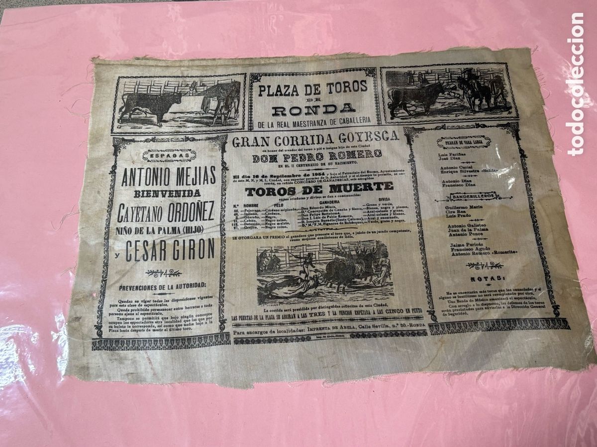 Carteles Toros: Cartel en seda de la primera Corrida Goyesca de Ronda, 16 septiembre 1954. 42X32 CM APR&Oacute;X.